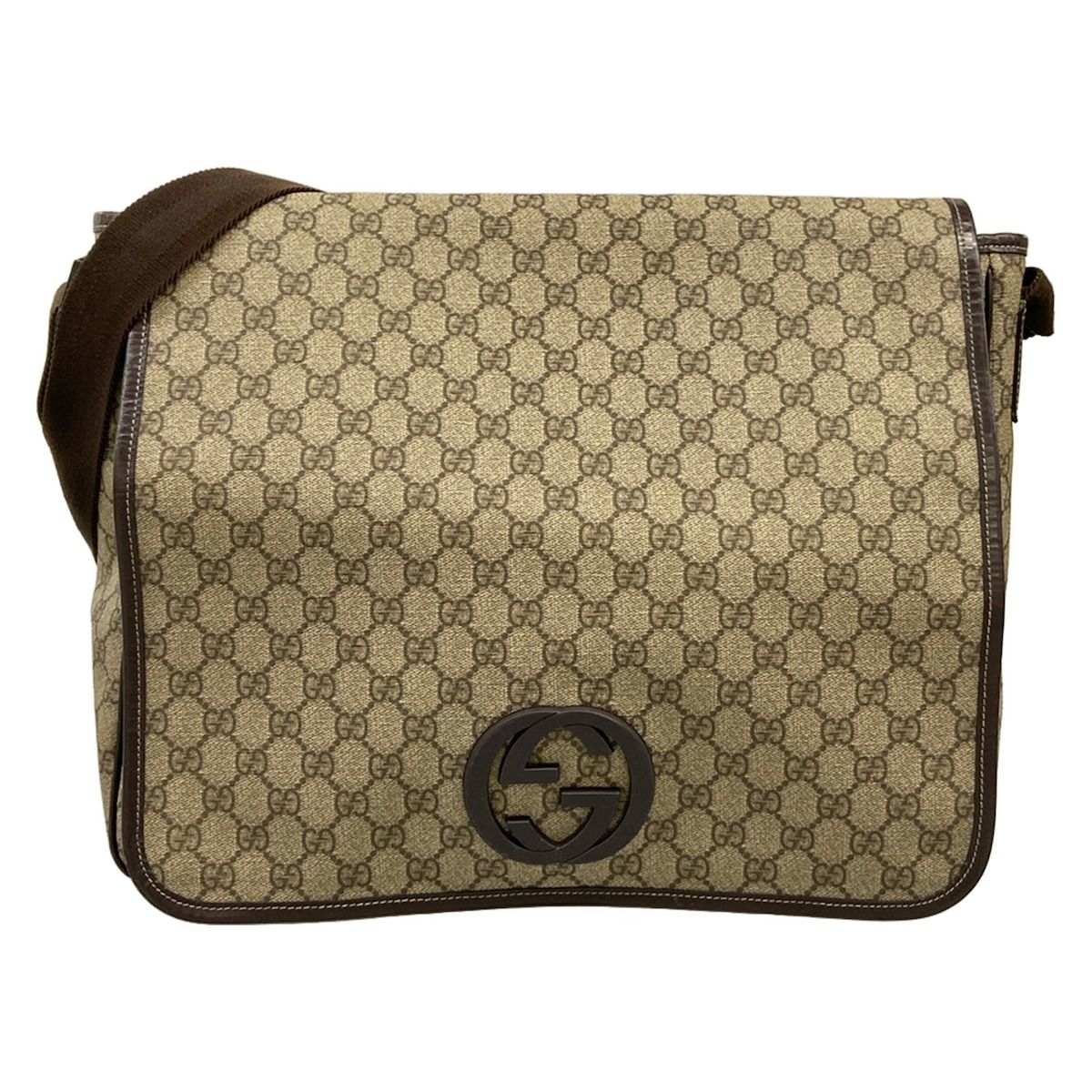 Gucci Shoulder Bag Interlocking GG Supreme Beige Ebony Dark Brown Leather