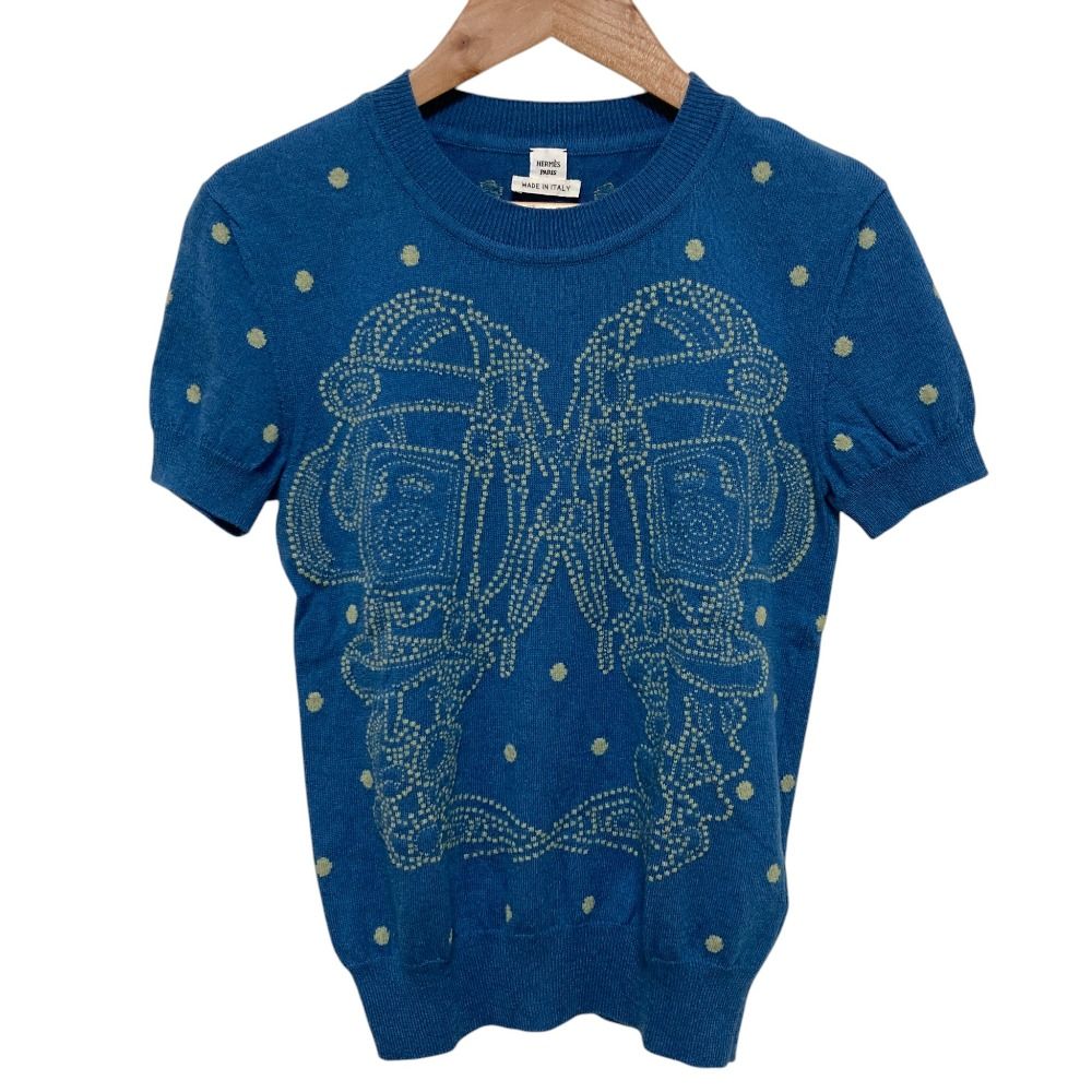 Hermes Brides de Gala Cashmere Cotton Short Sleeve Knit Top 34 Blue Sweater