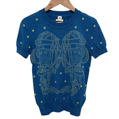 Hermes Brides de Gala Cashmere Cotton Short Sleeve Knit Top 34 Blue Sweater