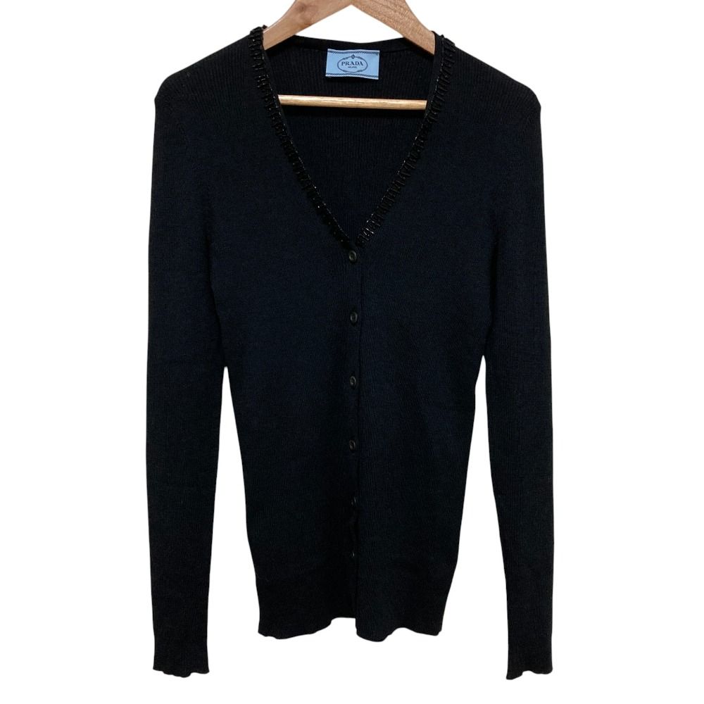 Prada Beads Wool Rib Knit Cardigan 42 Black