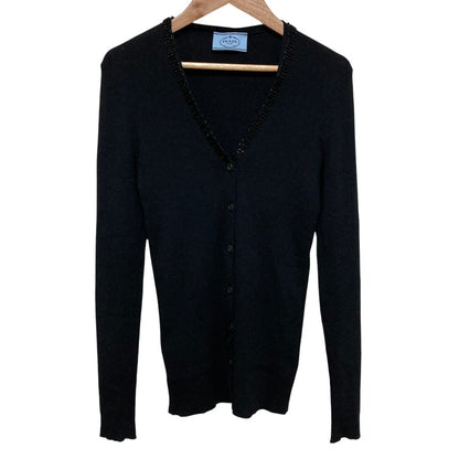 Prada Beads Wool Rib Knit Cardigan 42 Black