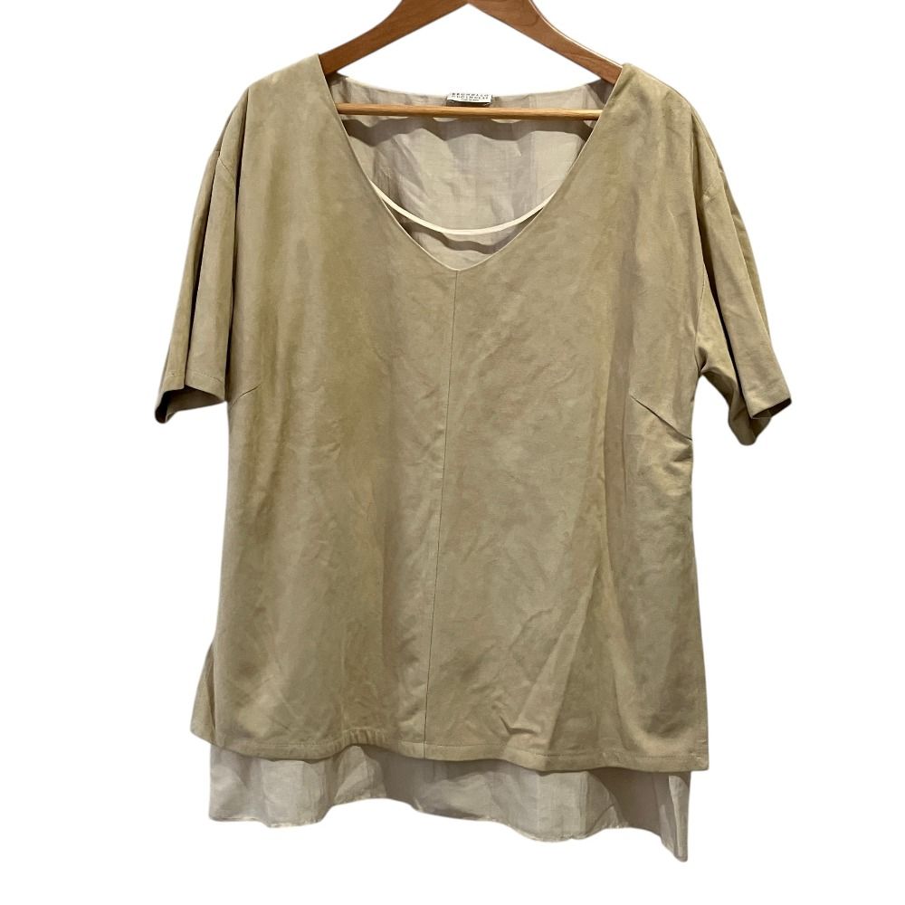 Brunello Cucinelli Suede Leather Chiffon Layered Blouse Top 46 Beige