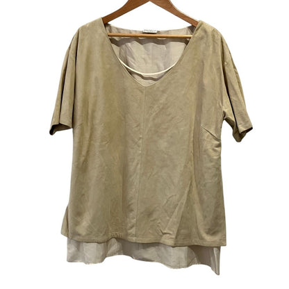Brunello Cucinelli Suede Leather Chiffon Layered Blouse Top 46 Beige