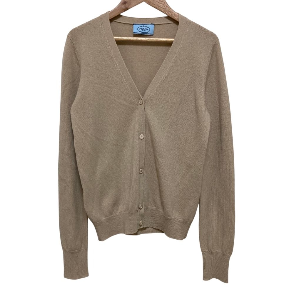 Prada Elbow Patch Cashmere Knit Cardigan 42 Beige