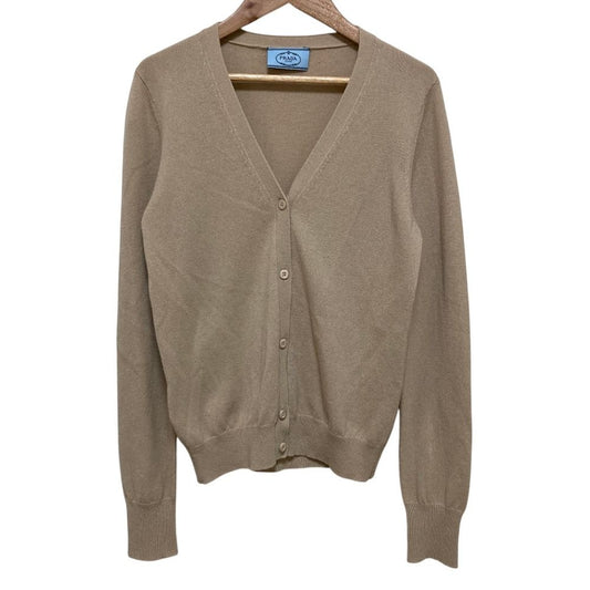 Prada Elbow Patch Cashmere Knit Cardigan 42 Beige