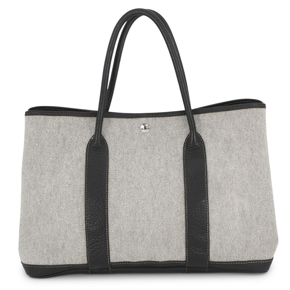 Hermes Tote Garden Party PM Beige Black Silver Toile Ash Buffalo