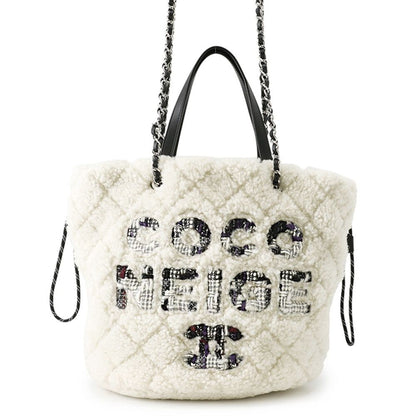 Chanel Tote CC Logo Coconage Tweed Shearling Drawstring White