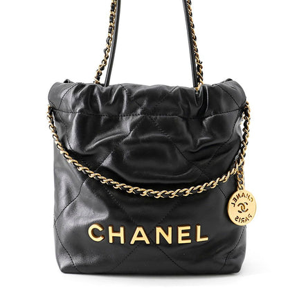 Chanel Handbag 22 Mini CC Logo Shiny Calf Leather 2-Way Black