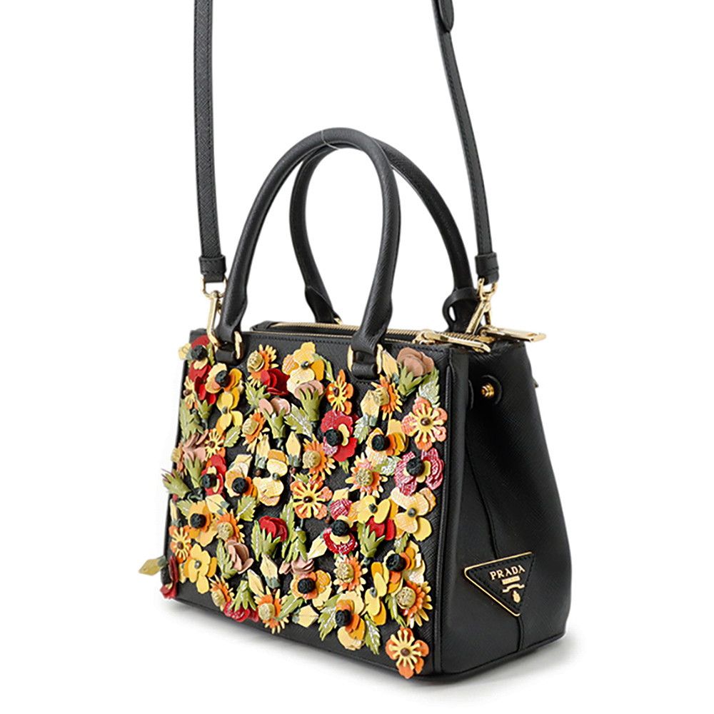 Prada Galleria Flower Saffiano 2-Way Shoulder Bag Black — view 2