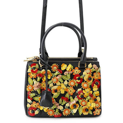Prada Galleria Flower Saffiano 2-Way Shoulder Bag Black