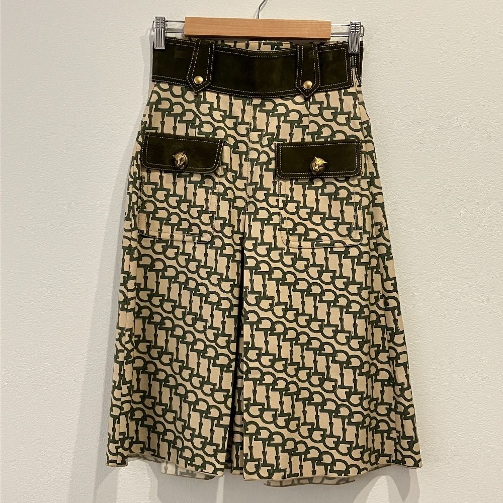 Gucci Cat Head Horsebit Pattern Culotte Pants 36 Beige Green