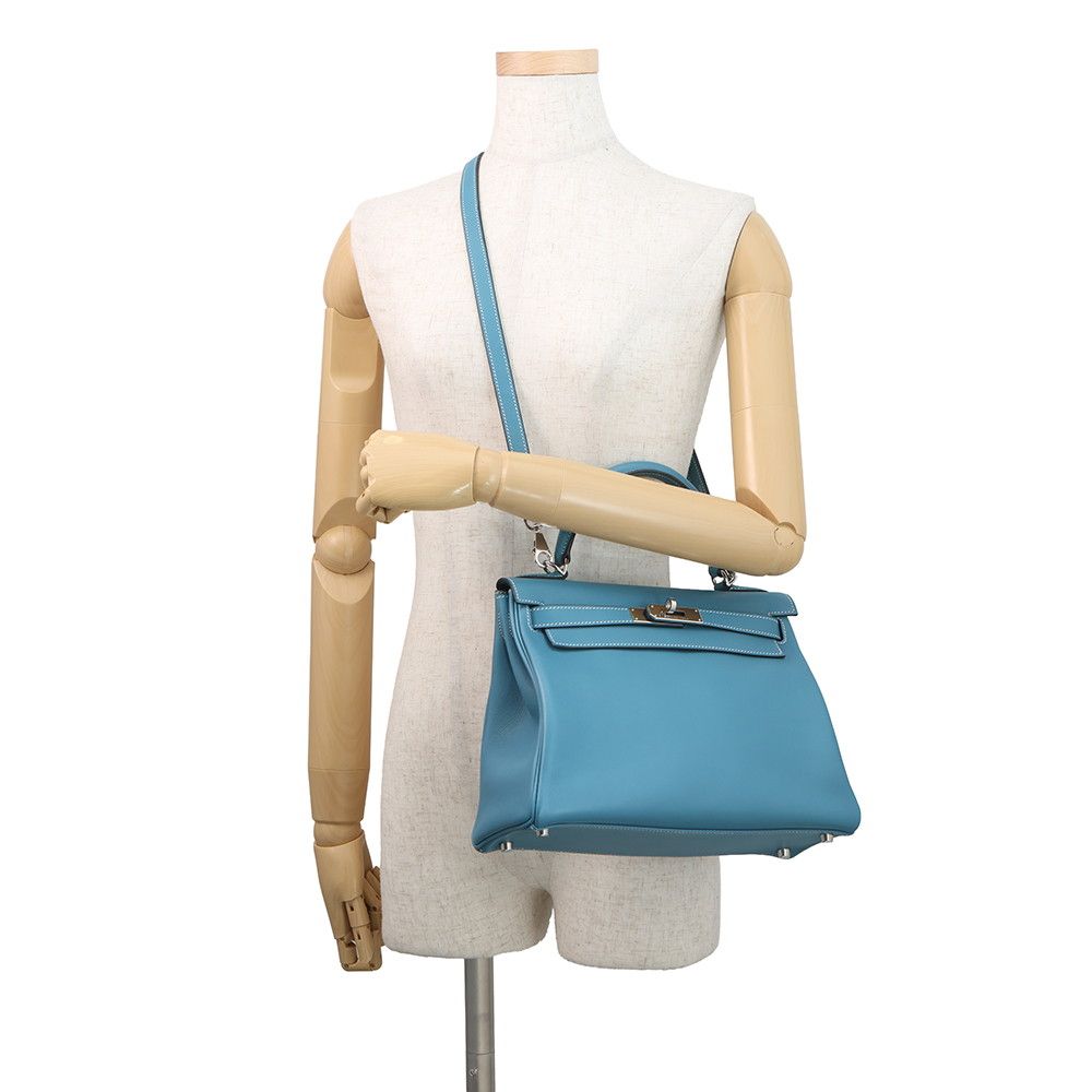 Hermes Handbag Kelly 28 Retourne Blue Jean Silver Bague Rain 2-Way — view 5