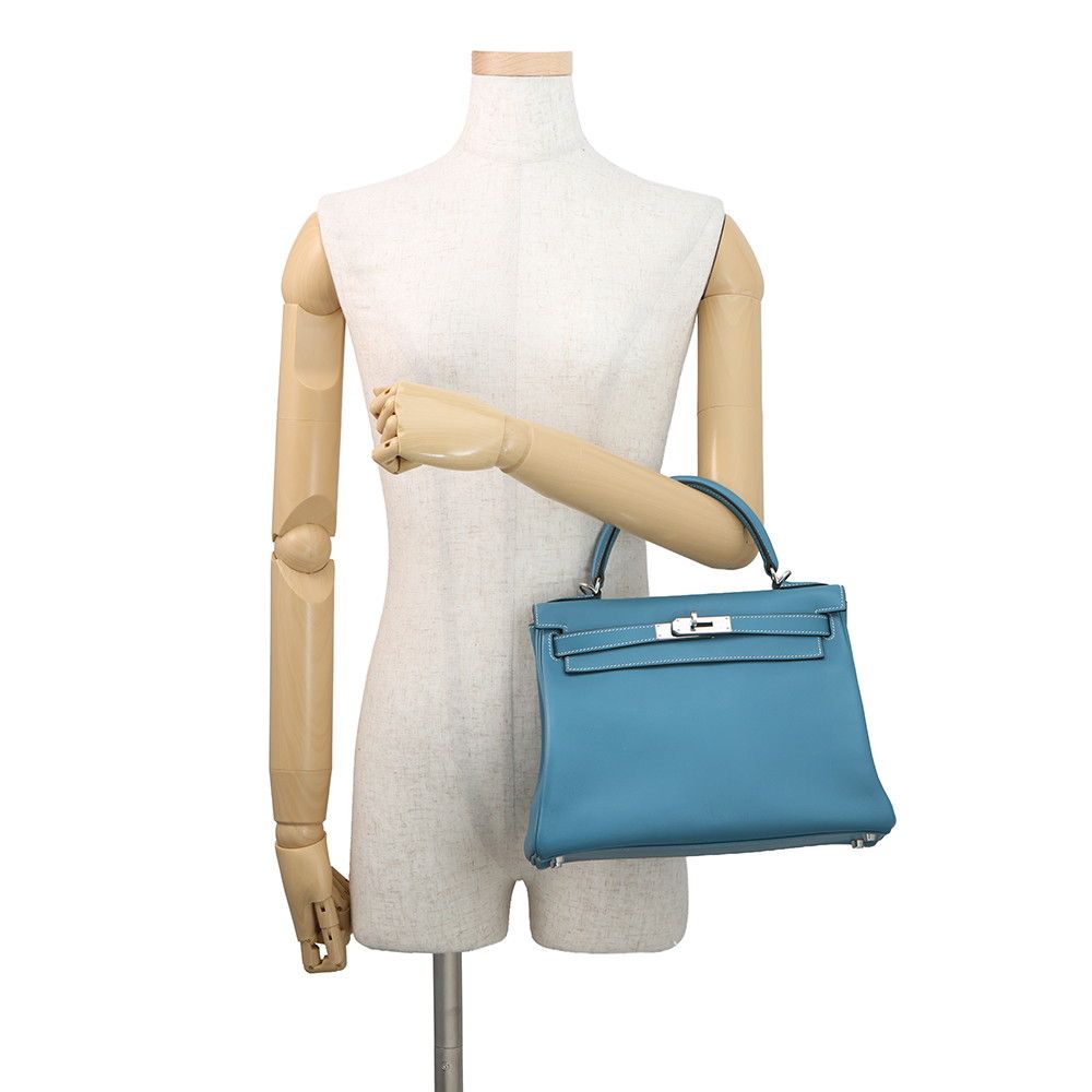 Hermes Handbag Kelly 28 Retourne Blue Jean Silver Bague Rain 2-Way — view 4