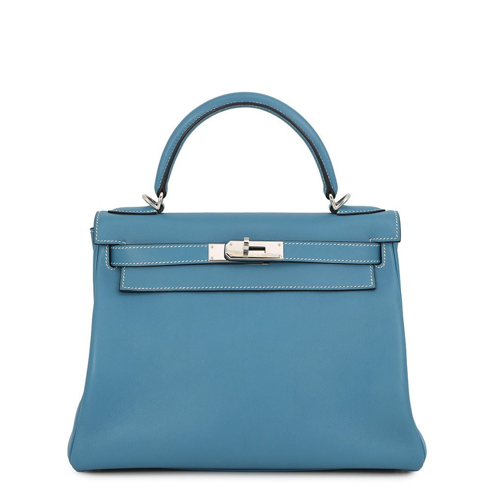 Hermes Handbag Kelly 28 Retourne Blue Jean Silver Bague Rain 2-Way