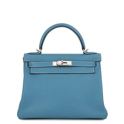 Hermes Handbag Kelly 28 Retourne Blue Jean Silver Bague Rain 2-Way