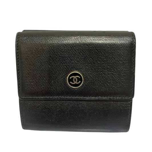 Chanel CC Logo Button Leather Compact Wallet Trifold Black