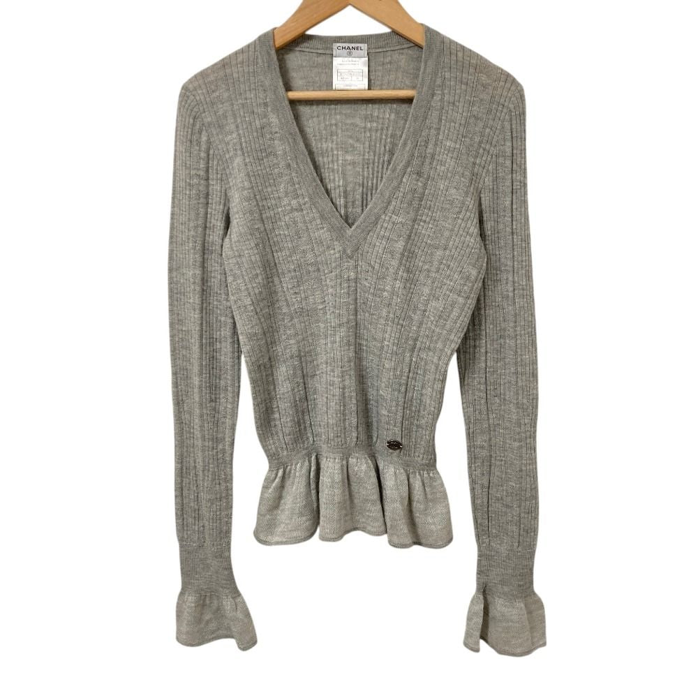 Chanel Cashmere V-neck Knit Top Sweater 38 Gray