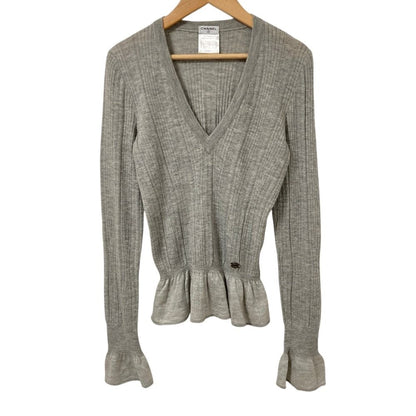 Chanel Cashmere V-neck Knit Top Sweater 38 Gray