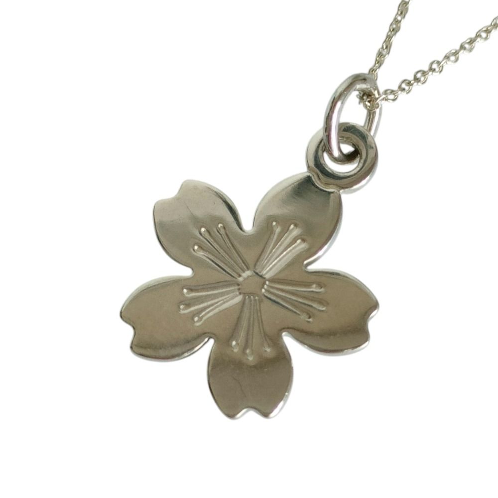 Tiffany & Co 925 GO Cherry Blossom Motif Chain Necklace Silver