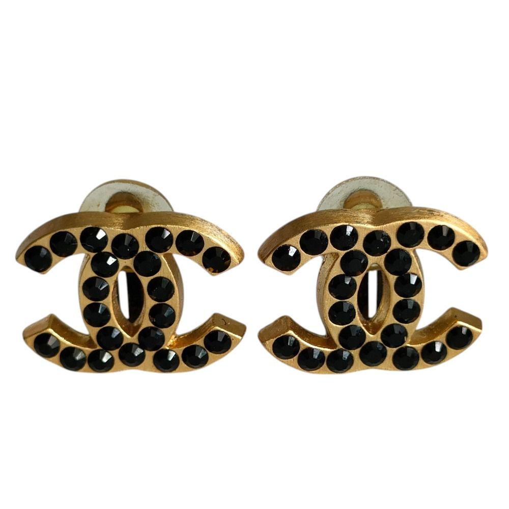 Chanel CC Logo Black Rhinestone Clip Earrings Gold