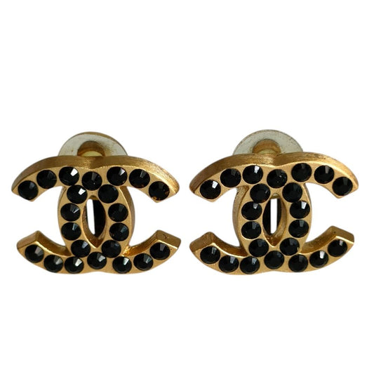 Chanel CC Logo Black Rhinestone Clip Earrings Gold