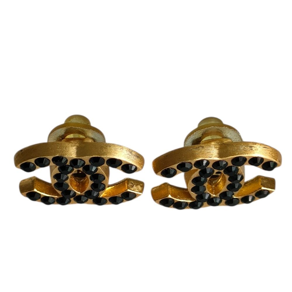 Chanel CC Logo Black Rhinestone Clip Earrings Gold — view 2