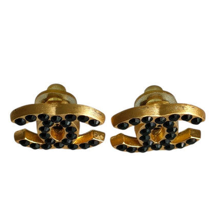 Chanel CC Logo Black Rhinestone Clip Earrings Gold — view 2
