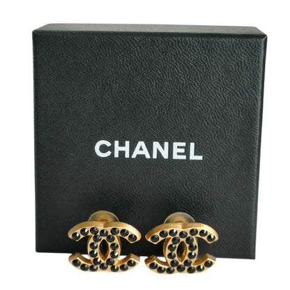 Chanel CC Logo Black Rhinestone Clip Earrings Gold — view 8