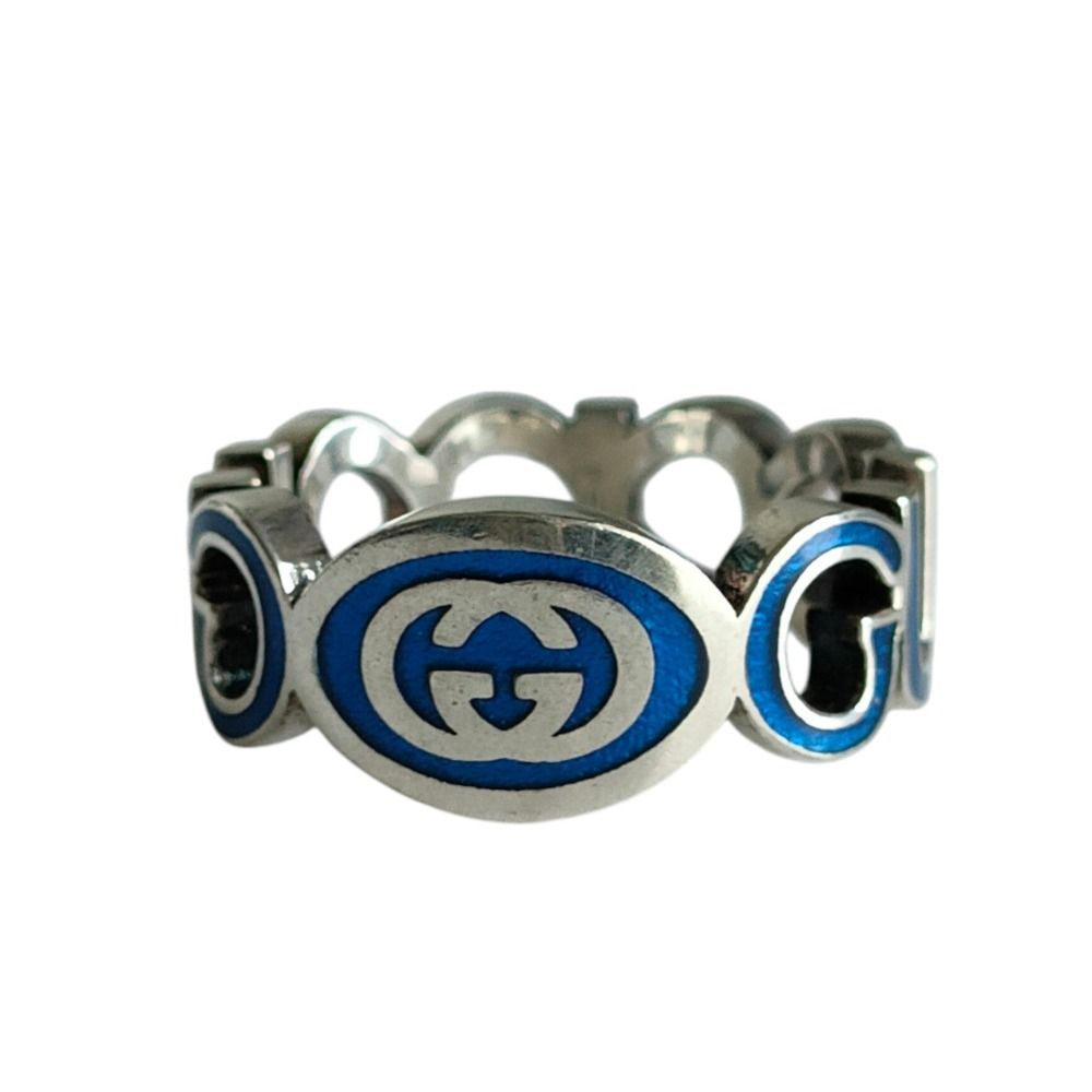 Gucci 925 Interlocking GG Logo Silver Ring Blue