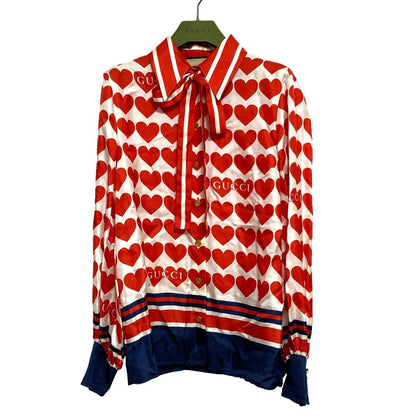Gucci Heart Print Silk Blouse with Bowtie 36