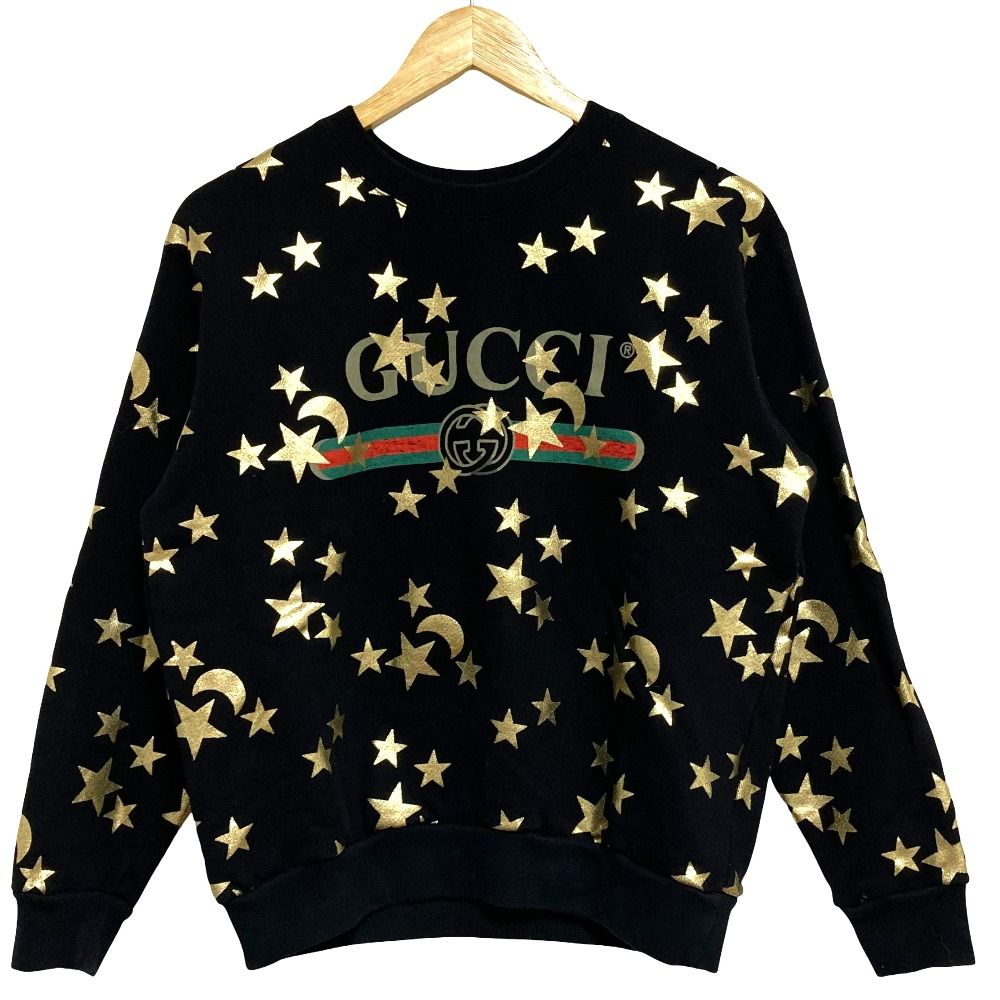Gucci Web Line Star Print Crew Neck Pullover Sweatshirt XS Black Gold — view 2
