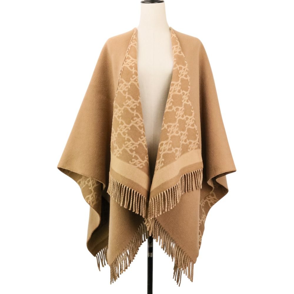 Fendi Cashmere Blend Logo Calligraphy Reversible Cape Shawl Beige Scarf
