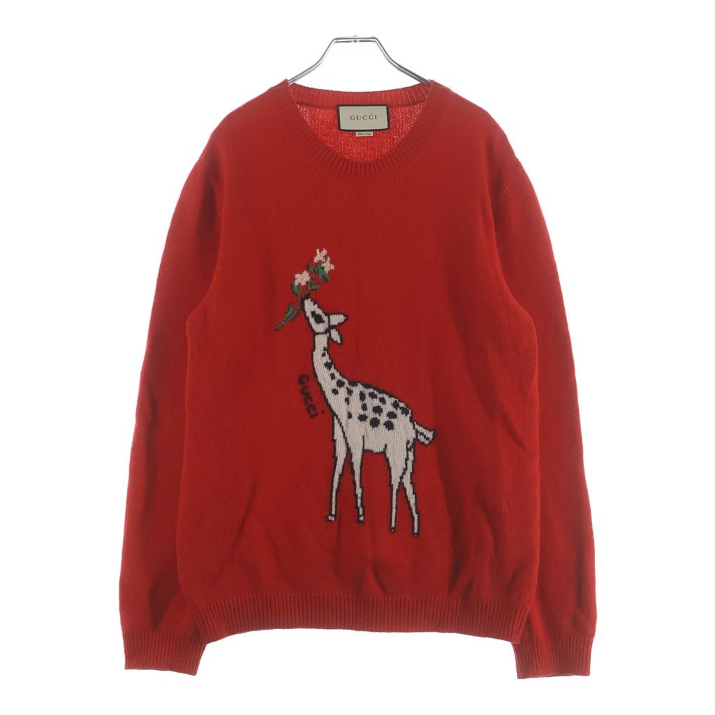 Gucci Deerlet Wool Sweater Giraffe Motif Front Logo Crew Neck