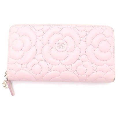 Chanel Camellia Zip Around Wallet Card Case Light Pink Lambskin Silver