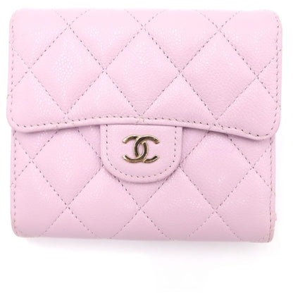 Chanel Quilted Bifold Wallet Compact Coin Case Light Pink Caviar Leather Gold