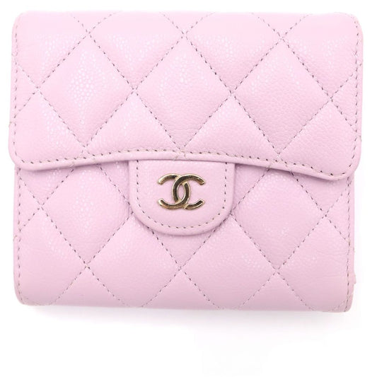 Chanel Quilted Bifold Wallet Compact Coin Case Light Pink Caviar Leather Gold