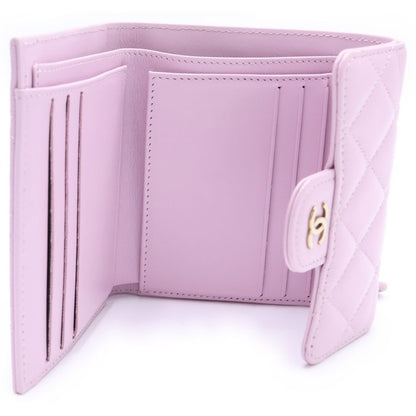 Chanel Quilted Bifold Wallet Compact Coin Case Light Pink Caviar Leather Gold — view 4