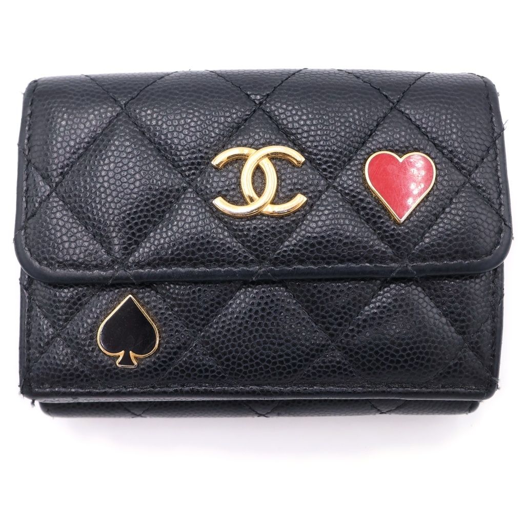 Chanel CC Logo Spade Heart Charm Trifold Wallet Compact Coin Case Black Caviar