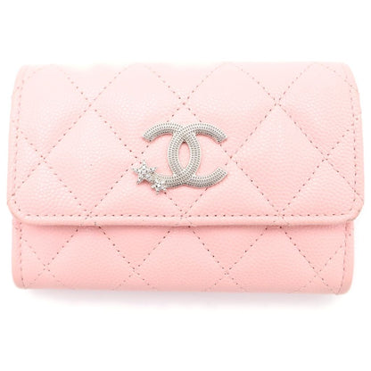 Chanel Quilted Star Coco Trifold Wallet Card Case Compact Pink Caviar Leather