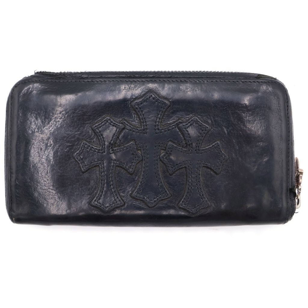 Chrome Hearts Rec Zip 3 Cross Round Zip Leather Wallet Black
