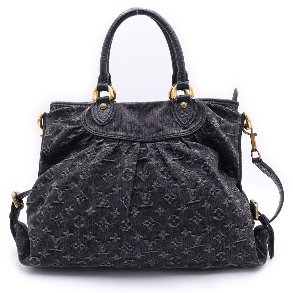 Louis Vuitton Monogram Denim Neo Cabby MM 2-Way Shoulder Bag Black Leather Gold