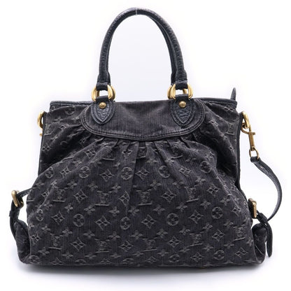 Louis Vuitton Monogram Denim Neo Cabby MM 2-Way Shoulder Bag Black Leather Gold
