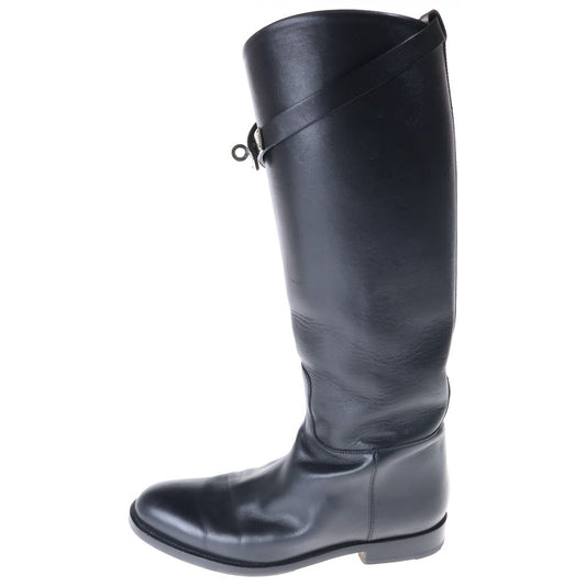 Hermes Kelly Buckle Leather Long Boots Shoes Black