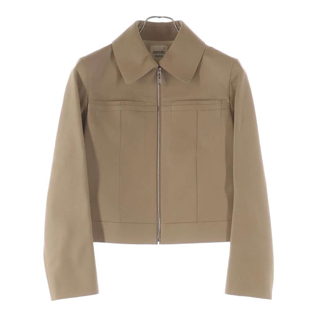 Hermes Goat Leather Silk Rayon Liner Zip Up Jacket Beige
