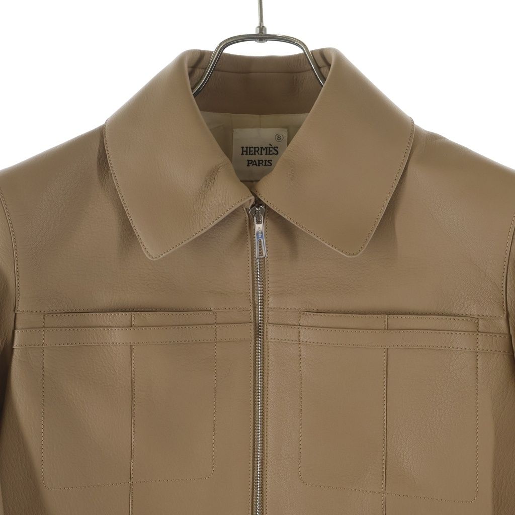 Hermes Goat Leather Silk Rayon Liner Zip Up Jacket Beige — view 3