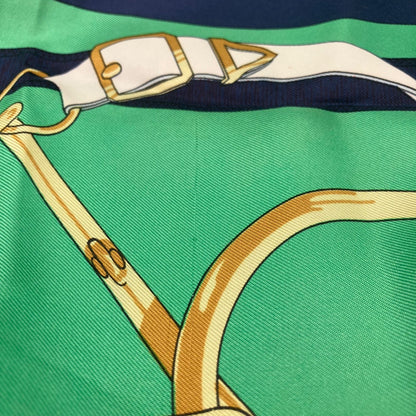 Hermes Large Scarf Shawl Navy Green Pellier Yellow Gold Spurs — view 7