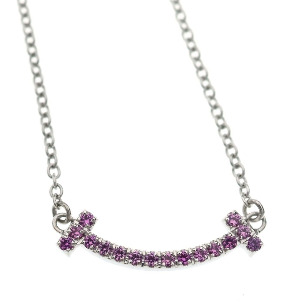 Tiffany & Co T Smile Small Pink Saffiano Pendant Chain Silver — view 3