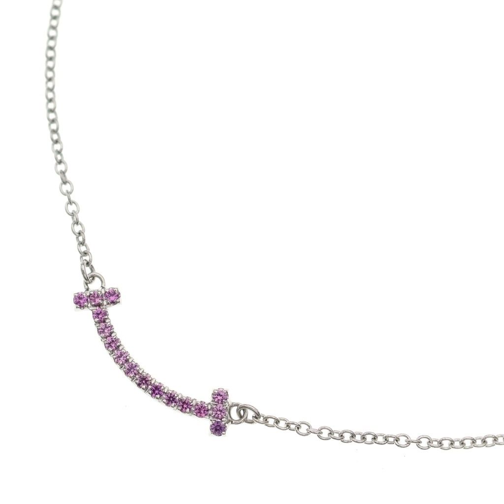 Tiffany & Co T Smile Small Pink Saffiano Pendant Chain Silver