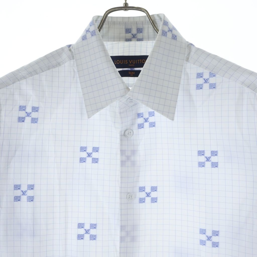 Louis Vuitton Check All Over Pattern LV Logo Embroidery Long Sleeve Shirt White — view 3