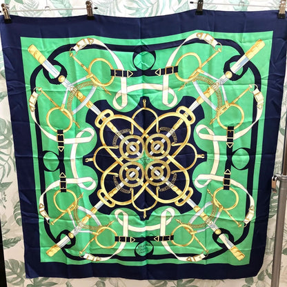 Hermes Large Scarf Shawl Navy Green Pellier Yellow Gold Spurs